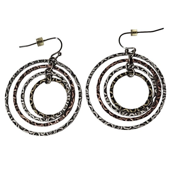 Elegant Hammered Circle Stacked Dangle Earrings Multi Tone Statement Women - Picture 1 of 3
